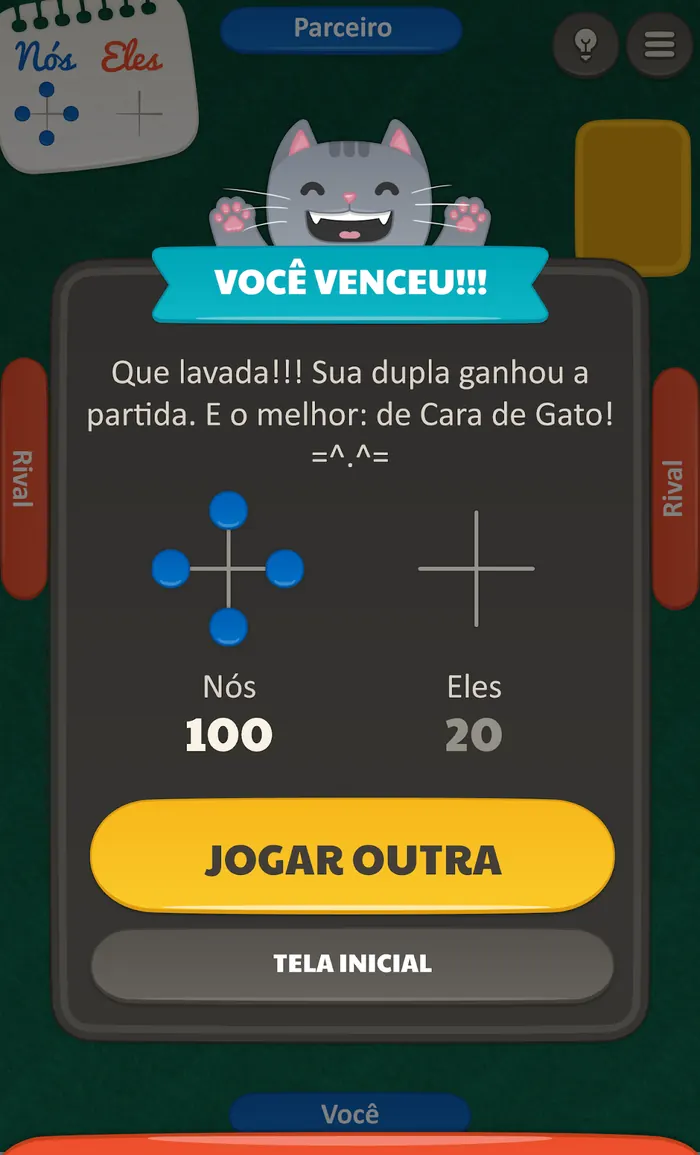 Ecrã de fim de partida na Sueca Jogatina, com a pontuação da dupla