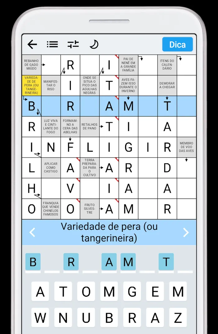 Grelha de palavras-setas preenchida no telemóvel