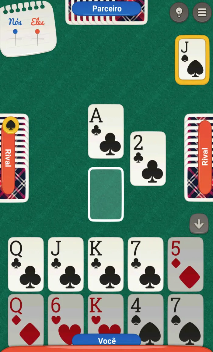 Partida de Sueca: mão do jogador e cartas na mesa